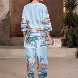 HERE&NOW Women Blue Printed Regular Silk Crepe Kurti with Trousers image 3