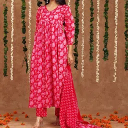 SRF JAIPUR Women Floral Printed Regular Pure Cotton Kurta with Trousers & With Dupatta image 5