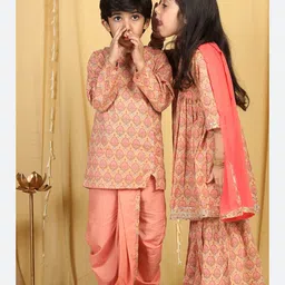 Aj DEZInES Boys Peach & Gold Ethnic Motifs Printed Angrakha Pure Cotton Kurta & Dhoti Pant image 2