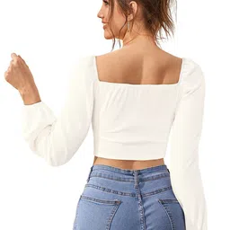 SANJANA  SILK Square Neck Puff Sleeve Crop Fitted Top image 4