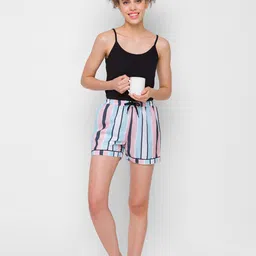 FashionRack Women Pack Of 2 Beige & Blue Striped Lounge Shorts image 2