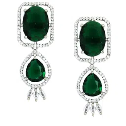 IKSAVA Silver-Plated American Diamond And Emrald Studded & Beaded Necklace And Earrings image 2