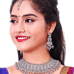 VATSALYA creation Rhodium-Plated Grey & White Stone Studded & Beaded Jewellery Set image 4