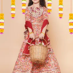 Bitiya by Bhama Girls Floral Printed Ready to Wear Lehenga & Blouse With Dupatta image 5