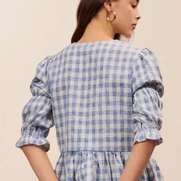 Mast & Harbour Checked Puff Sleeve Cotton Peplum Crop Top image 2