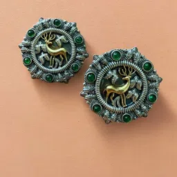 Rebekah Silver Plated Artificial Stones Studded Deer Motif Circular shaped Studs Earrings-image-3