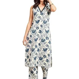 HERE&NOW Women Floral Printed Regular V Neck Cotton Kurta with Trousers Kurta Sets-picture-16