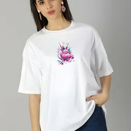 KAIDO Women Floral Printed Round Neck Cotton Oversized T-shirt-image-36