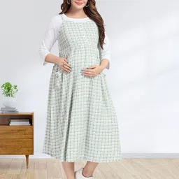 MomsBae Women Cotton Checked Maternity A-Line Midi Dress-picture-37