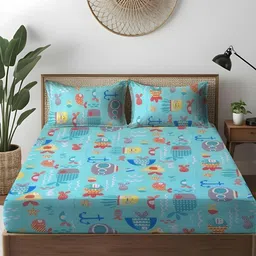 WEAVE AND DECOR Blue Conversational 300 TC King Bedsheet with 2 Pillow Covers-picture-31