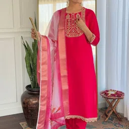 HERE&NOW Women Ethnic Motifs Embroidered Regular Thread Work Kurta with Trousers & With Dupatta image 2