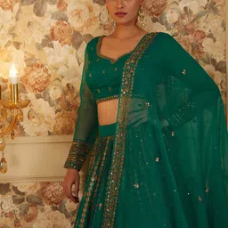 FABPIXEL Embroidered Sequinned Semi-Stitched Organza Lehenga & Blouse With Dupatta image 4