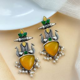 NAMAN ARTS Silver-Plated Artificial Stones Studded Contemporary Oxidised Drop Earrings-picture-24