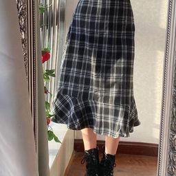 KPOP Women's Pure Cotton Checked Flared Maxi Skirts-picture-46