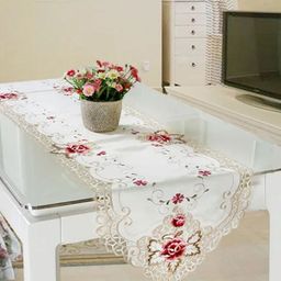 MONKDECOR White & Red Floral Embroidered With Cut-Work Table Runner-picture-16