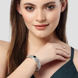 KARATCART Silver-Plated Green & White AD Stone-Studded Bangle image 3