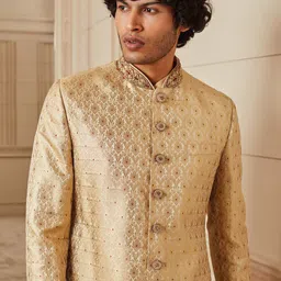 Tasva Men Golden Woven Design Zardozi Embroidered Detail Sherwani Set image 2