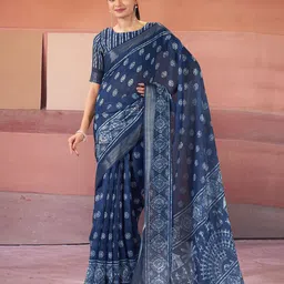 Garden Vareli Floral Block Printed Pure Linen Saree With Unstiched Blouse Piece-picture-41