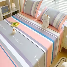 JC HOME Grey & Pink Striped 210 TC Cotton Queen Bedsheet with 2 Pillow Covers image 5