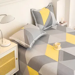 JC HOME Grey & Yellow Geometric 160 TC Queen Bedsheet with 2 Pillow Covers image 5
