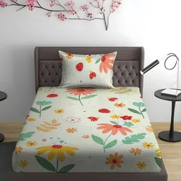 WEAVE AND DECOR White & Green Floral 300 TC Single Bedsheet with 1 Pillow Covers-picture-36