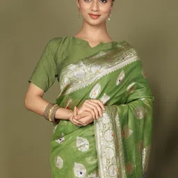 KALINI Green Woven Design Linen Blend Sarees image 2