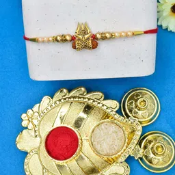 MEIRA JEWELLERY Grand Rudraksh With Trishul Rakhi With Roli Chawal & Greeting Card image 2
