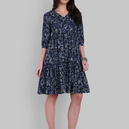 Mera Rang Ethnic Motifs Printed Tiered Cuffed Sleeves Fit & Flare Cotton Dress-picture-34