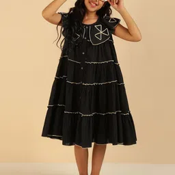 Bugandbees Girls Embroidered Tiered Pure Cotton Shirt Midi Dress-picture-35