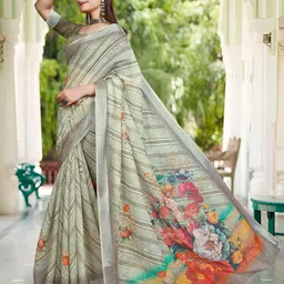 ZILVIRA Floral Zari Pure Linen Block Print Saree image 3