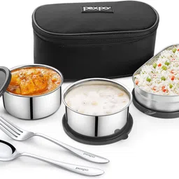 pexpo Delight Steel with 2 Round Containers (2*280ml) and Roti Box (400ml) and Spoon 3 Containers Lunch Box-picture-21