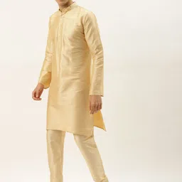 SOJANYA Men Olive Green & Golden Jacquard Ethnic Motifs Kurta & Churidar with Nehru Jacket image 2