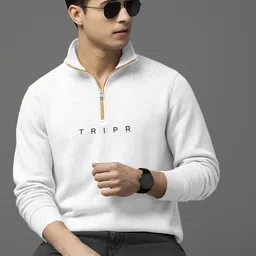 tripr Men Solid High Neck White Sweater image 1