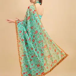 Sangria Sea Green & Red Floral Gotta Patti Pure Georgette Saree image 5