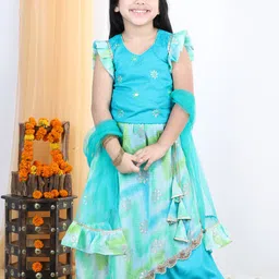 here&now x kinder kids Kinder Kids Girls Blue & Off White Embroidered Ready to Wear Lehenga & Blouse With Dupatta image 5