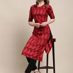 7Threads WomenPack of 6 Cream-Coloured & Red Ethnic Motifs Printed Crepe Kurta image 4