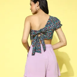 Berrylush Purple Floral Print One Shoulder Puff Sleeves Crepe Styled Back Crop Top image 3