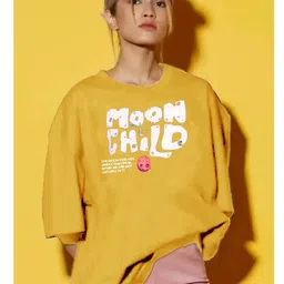 srg ecom Women Printed Round Neck Cotton Blend Yellow T-Shirt-picture-19