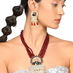 ODETTE Women Gold-Plated Maroon Stone Studded & Blue Peacock Motif Beaded Jewellery Set-picture-40