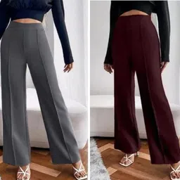 Pack of 2 Women Relaxed Grey, Maroon Cotton Blend Trousers-image-9
