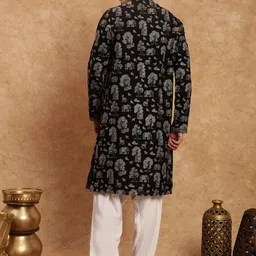Men's Heritage Thread Work Black Embroidered Kurta Set In Silk by Souragya image 5