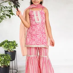 Cutiekins Girls Floral Printed Shoulder Straps Gotta Patti Kurta With Sharara & Dupatta image 5