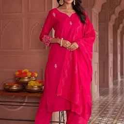 Navlik Floral Embroidered V-Neck Straight Chanderi Silk Kurta With Trousers & Dupatta-picture-29