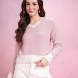 DressBerry Self Striped V-Neck Fuzzy Pullover image 4