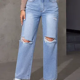 POMPOUS Women Wide Leg High-Rise Slash Knee Light Fade Ripped Regular Jeans-picture-45