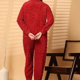 GRX Women Cherry Red Winter Woollen Jogger Night suit image 2