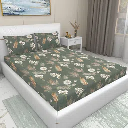 Aura Green & White Floral 220 TC King Bedsheet with 2 Pillow Covers-picture-33