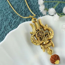 ADMIER Unisex Gold-Plated Trishul Damaroo Rudraksha Beaded Pendant with Chain-picture-34