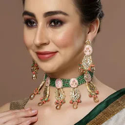 DUGRISTYLE Gold-Plated Kundan Studded Contemporary Drop Earrings-picture-17