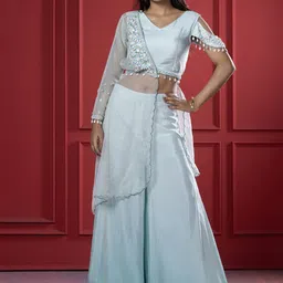 GloballyRonakRBafna Embellished V Top & Palazzo With Breezy Half Style Jacket Co-Ords image 3